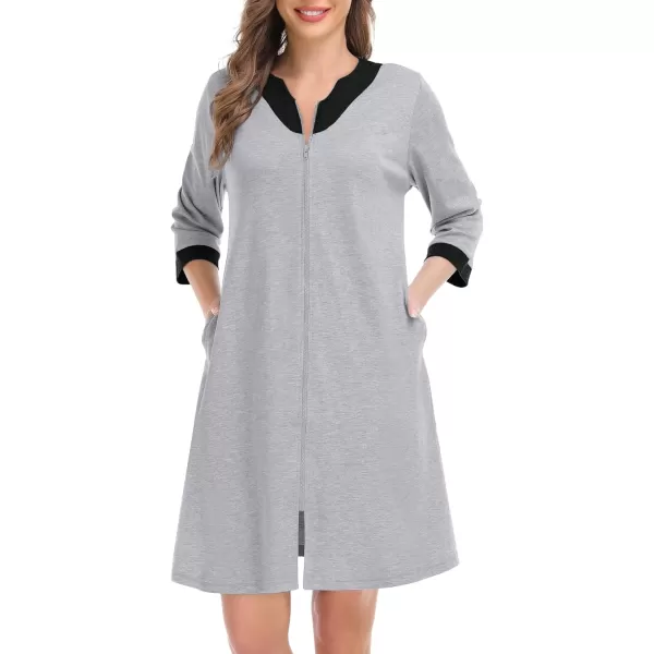 imageSWOMOG Women Zipper Front Robe 34 Sleeve House Coat Zip up Bathrobes Lightweight Nightgown with Pockets SXXLGrey