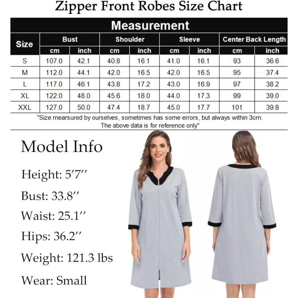 imageSWOMOG Women Zipper Front Robe 34 Sleeve House Coat Zip up Bathrobes Lightweight Nightgown with Pockets SXXLGrey