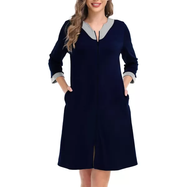 imageSWOMOG Women Zipper Front Robe 34 Sleeve House Coat Zip up Bathrobes Lightweight Nightgown with Pockets SXXLNavy Blue
