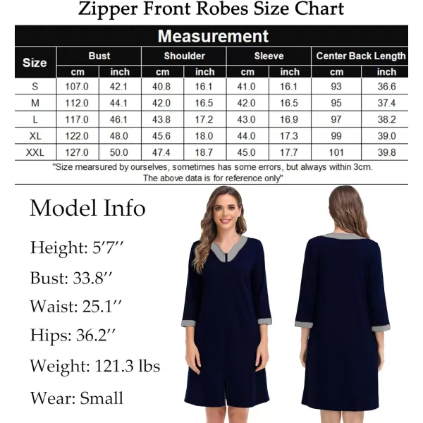 imageSWOMOG Women Zipper Front Robe 34 Sleeve House Coat Zip up Bathrobes Lightweight Nightgown with Pockets SXXLNavy Blue
