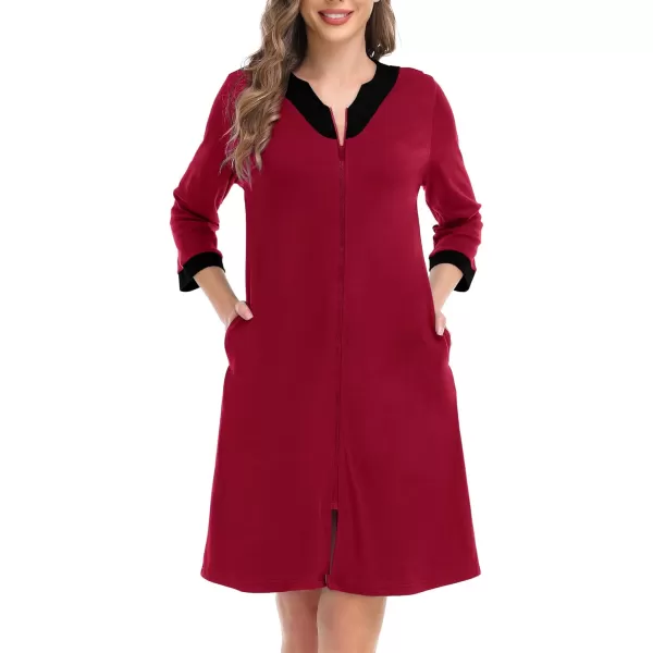 imageSWOMOG Women Zipper Front Robe 34 Sleeve House Coat Zip up Bathrobes Lightweight Nightgown with Pockets SXXLWine Red