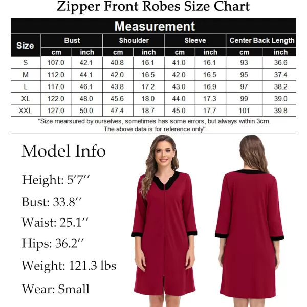 imageSWOMOG Women Zipper Front Robe 34 Sleeve House Coat Zip up Bathrobes Lightweight Nightgown with Pockets SXXLWine Red