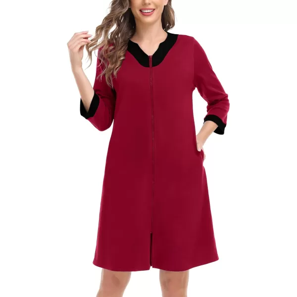 imageSWOMOG Women Zipper Front Robe 34 Sleeve House Coat Zip up Bathrobes Lightweight Nightgown with Pockets SXXLWine Red