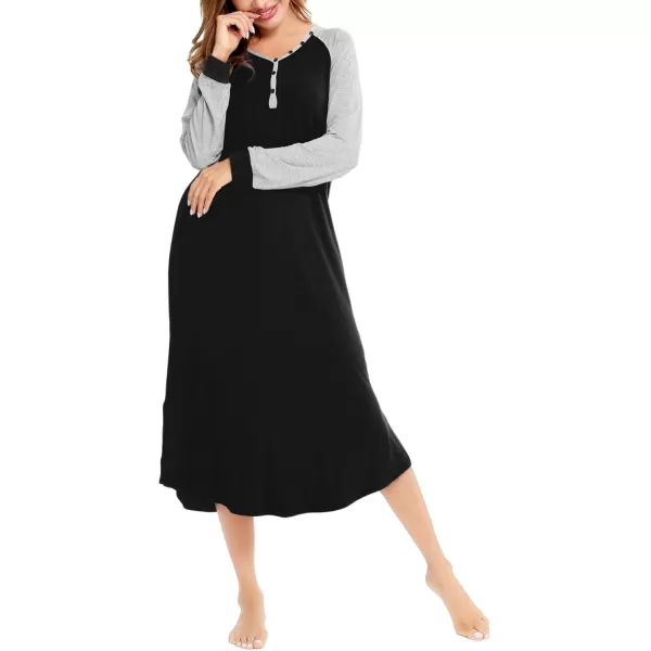 imageSWOMOG Womens Long Nightgowns Long Sleeve Nightshirt Soft Sleepwear Henley Nightdress Casual Calf Length Housecoat SXXLBlack