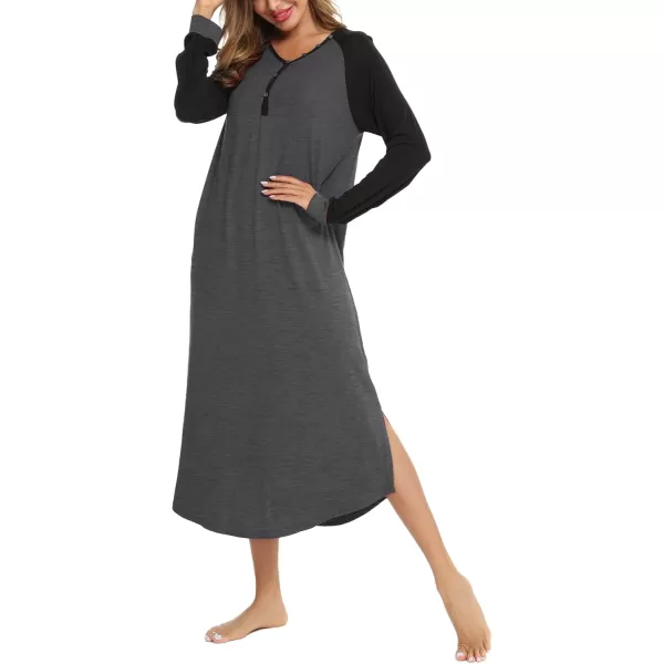 imageSWOMOG Womens Long Nightgowns Long Sleeve Nightshirt Soft Sleepwear Henley Nightdress Casual Calf Length Housecoat SXXLDeep Grey