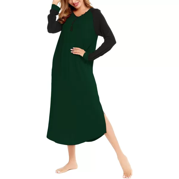 imageSWOMOG Womens Long Nightgowns Long Sleeve Nightshirt Soft Sleepwear Henley Nightdress Casual Calf Length Housecoat SXXLGreen