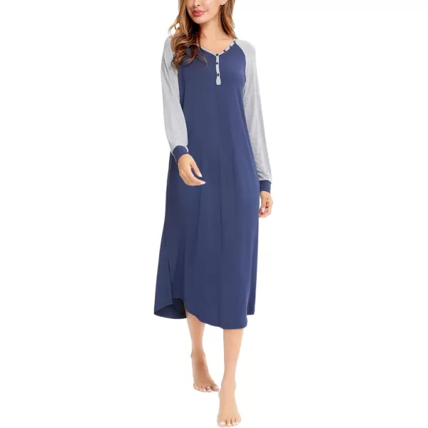 imageSWOMOG Womens Long Nightgowns Long Sleeve Nightshirt Soft Sleepwear Henley Nightdress Casual Calf Length Housecoat SXXLNavy Blue