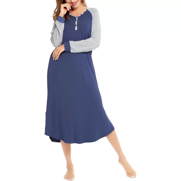 imageSWOMOG Womens Long Nightgowns Long Sleeve Nightshirt Soft Sleepwear Henley Nightdress Casual Calf Length Housecoat SXXLNavy Blue