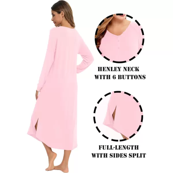 imageSWOMOG Womens Long Nightgowns Long Sleeve Nightshirt Soft Sleepwear Henley Nightdress Casual Calf Length Housecoat SXXLPink