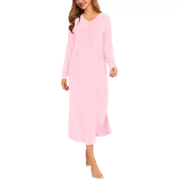 imageSWOMOG Womens Long Nightgowns Long Sleeve Nightshirt Soft Sleepwear Henley Nightdress Casual Calf Length Housecoat SXXLPink