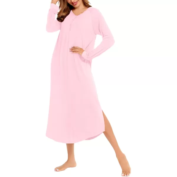 imageSWOMOG Womens Long Nightgowns Long Sleeve Nightshirt Soft Sleepwear Henley Nightdress Casual Calf Length Housecoat SXXLPink