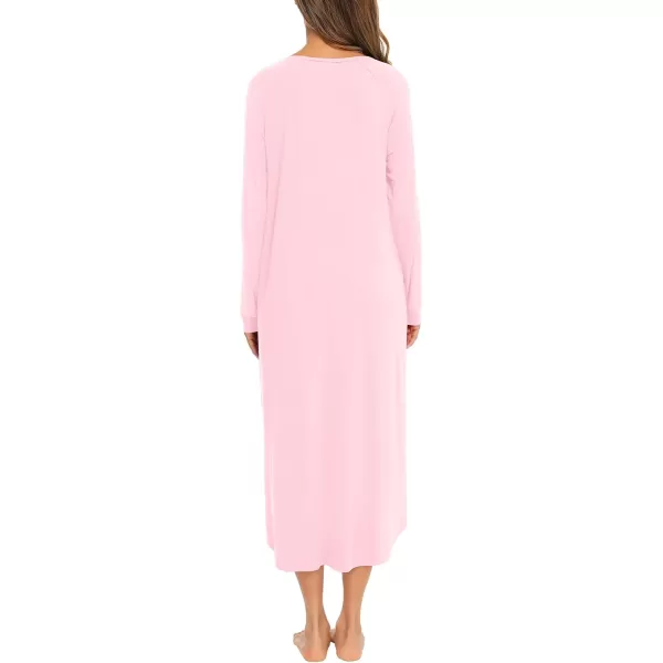 imageSWOMOG Womens Long Nightgowns Long Sleeve Nightshirt Soft Sleepwear Henley Nightdress Casual Calf Length Housecoat SXXLPink