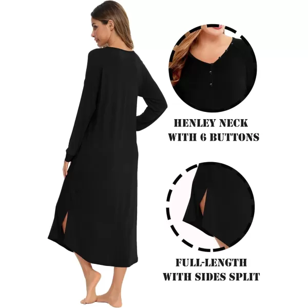 imageSWOMOG Womens Long Nightgowns Long Sleeve Nightshirt Soft Sleepwear Henley Nightdress Casual Calf Length Housecoat SXXLPure Black