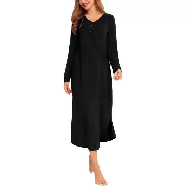 imageSWOMOG Womens Long Nightgowns Long Sleeve Nightshirt Soft Sleepwear Henley Nightdress Casual Calf Length Housecoat SXXLPure Black