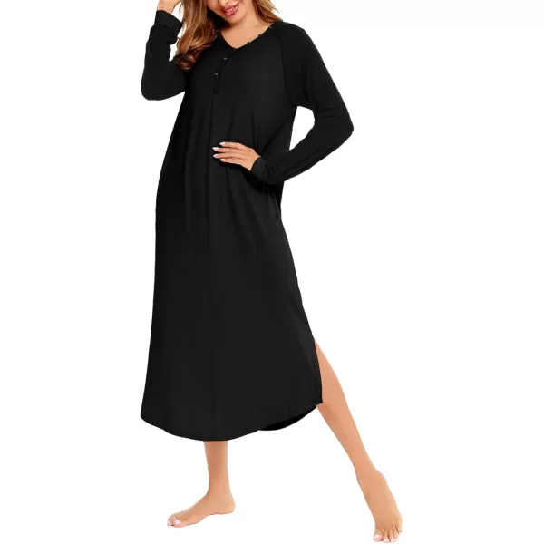 imageSWOMOG Womens Long Nightgowns Long Sleeve Nightshirt Soft Sleepwear Henley Nightdress Casual Calf Length Housecoat SXXLPure Black