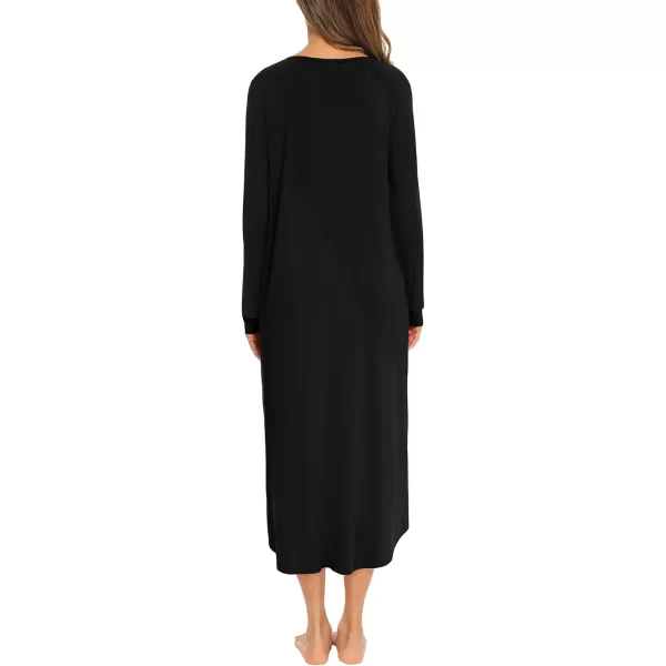 imageSWOMOG Womens Long Nightgowns Long Sleeve Nightshirt Soft Sleepwear Henley Nightdress Casual Calf Length Housecoat SXXLPure Black