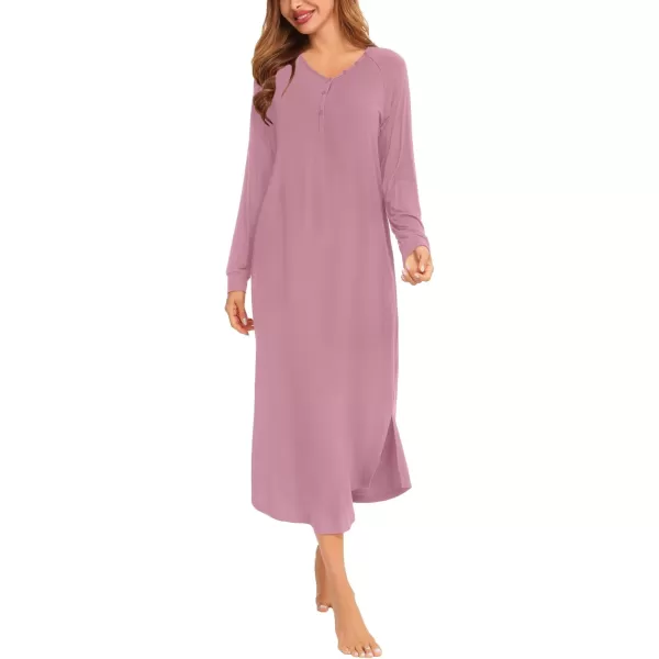 imageSWOMOG Womens Long Nightgowns Long Sleeve Nightshirt Soft Sleepwear Henley Nightdress Casual Calf Length Housecoat SXXLTaro Purple