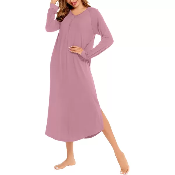 imageSWOMOG Womens Long Nightgowns Long Sleeve Nightshirt Soft Sleepwear Henley Nightdress Casual Calf Length Housecoat SXXLTaro Purple