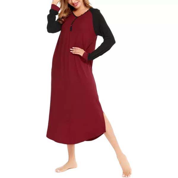 imageSWOMOG Womens Long Nightgowns Long Sleeve Nightshirt Soft Sleepwear Henley Nightdress Casual Calf Length Housecoat SXXLWine Red