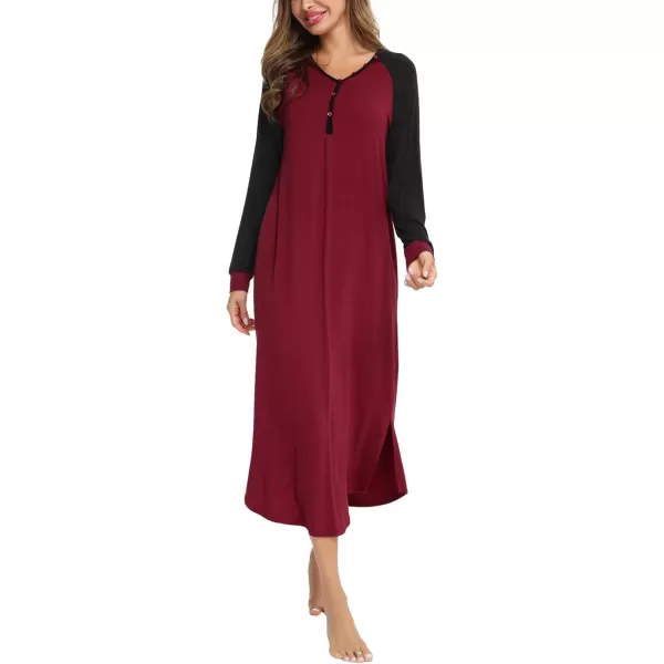 imageSWOMOG Womens Long Nightgowns Long Sleeve Nightshirt Soft Sleepwear Henley Nightdress Casual Calf Length Housecoat SXXLWine Red