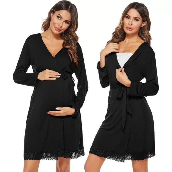 imageSWOMOG Womens Maternity Nursing Robe Pregnancy Hospital Breastfeeding Bathrobes 3 in 1 Labor Delivery NightgownsLong Sleeveblack