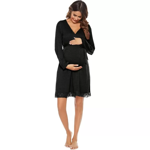 imageSWOMOG Womens Maternity Nursing Robe Pregnancy Hospital Breastfeeding Bathrobes 3 in 1 Labor Delivery NightgownsLong Sleeveblack Grey