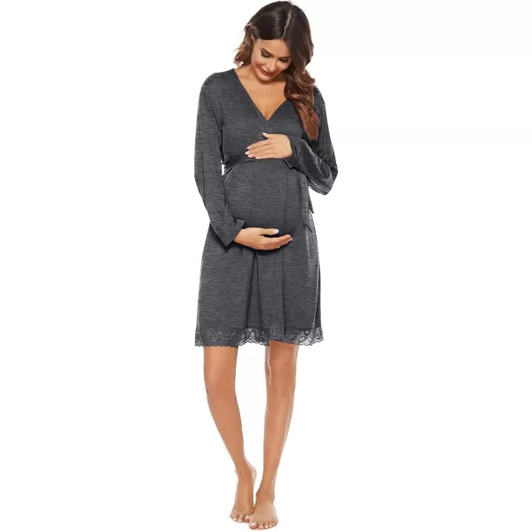 imageSWOMOG Womens Maternity Nursing Robe Pregnancy Hospital Breastfeeding Bathrobes 3 in 1 Labor Delivery NightgownsLong Sleevedark Gray