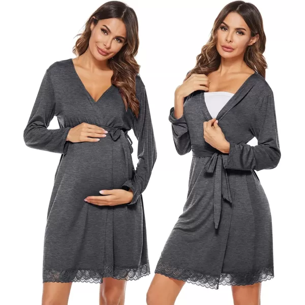 imageSWOMOG Womens Maternity Nursing Robe Pregnancy Hospital Breastfeeding Bathrobes 3 in 1 Labor Delivery NightgownsLong Sleevedark Gray