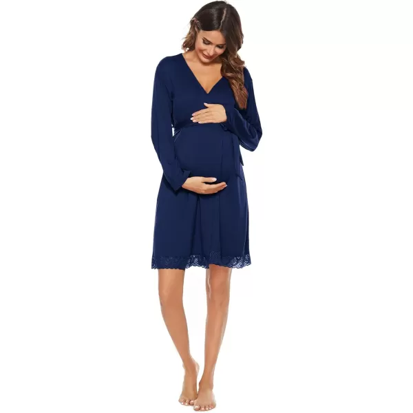 imageSWOMOG Womens Maternity Nursing Robe Pregnancy Hospital Breastfeeding Bathrobes 3 in 1 Labor Delivery NightgownsLong Sleevenavy Blue