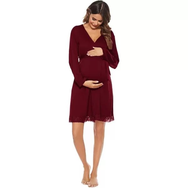 imageSWOMOG Womens Maternity Nursing Robe Pregnancy Hospital Breastfeeding Bathrobes 3 in 1 Labor Delivery NightgownsLong Sleevewine Red