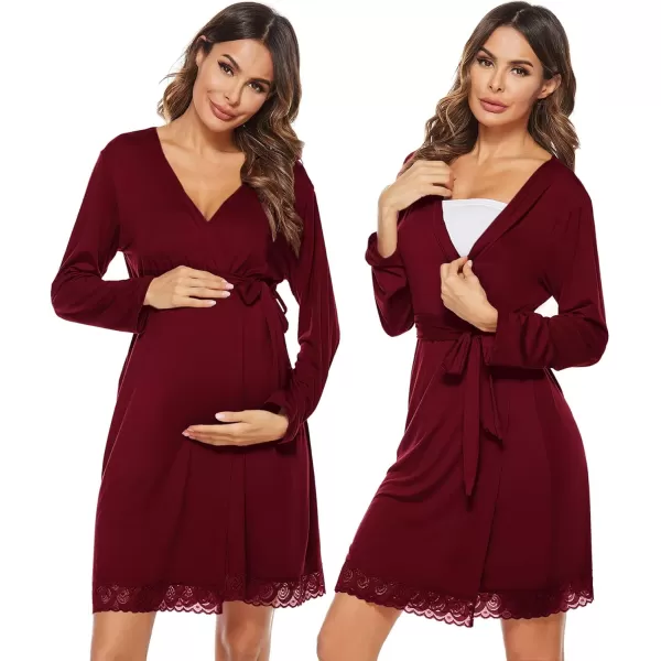 imageSWOMOG Womens Maternity Nursing Robe Pregnancy Hospital Breastfeeding Bathrobes 3 in 1 Labor Delivery NightgownsLong Sleevewine Red