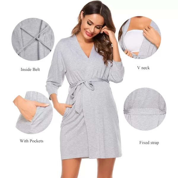 imageSWOMOG Womens Maternity Nursing Robe Pregnancy Hospital Breastfeeding Bathrobes 3 in 1 Labor Delivery NightgownsZ34 Sleeve Grey