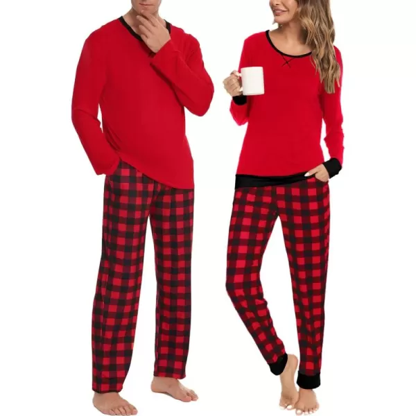 imageSWOMOG Men ampamp Women Pajama Sets for Couples Long Sleeve Sleepwear Plaid Pants Loungewear Set with PocketsRed