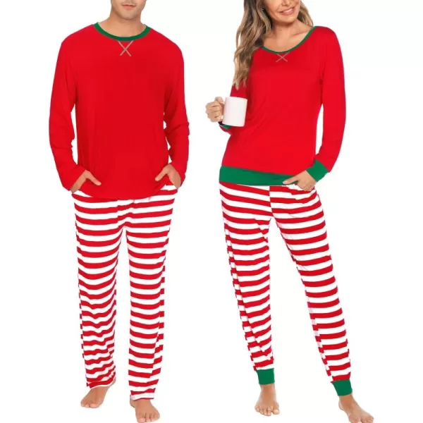 imageSWOMOG Men ampamp Women Pajama Sets for Couples Long Sleeve Sleepwear Plaid Pants Loungewear Set with PocketsRed Stripes