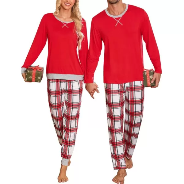 imageSWOMOG Men ampamp Women Pajama Sets for Couples Long Sleeve Sleepwear Plaid Pants Loungewear Set with PocketsRed White Plaid