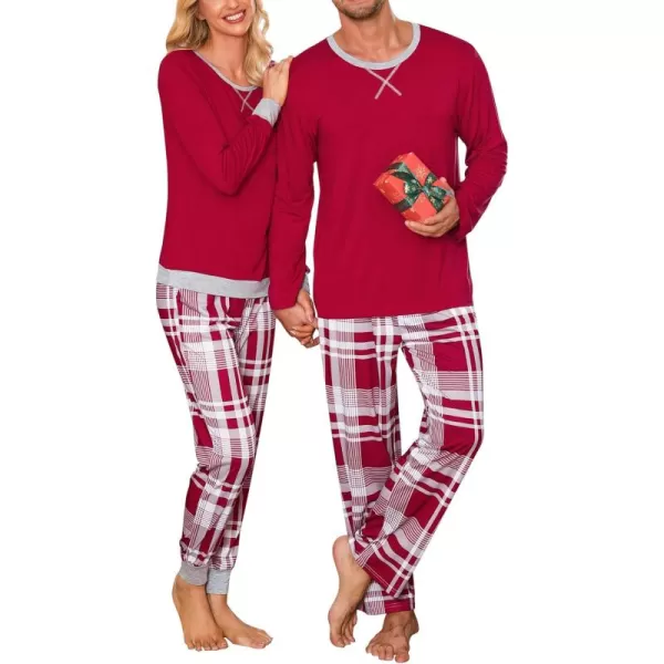 imageSWOMOG Men ampamp Women Pajama Sets for Couples Long Sleeve Sleepwear Plaid Pants Loungewear Set with PocketsWine Red Plaid