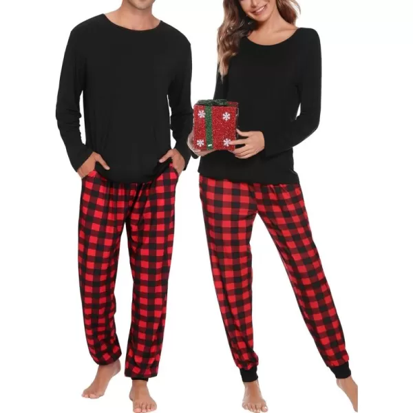 imageSWOMOG Men ampamp Women Pajama Sets for Couples Long Sleeve Sleepwear Plaid Pants Loungewear Set with PocketsZ  Black  Solid Top