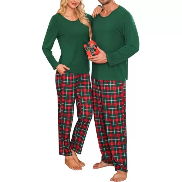 imageSWOMOG Men ampamp Women Pajama Sets for Couples Long Sleeve Sleepwear Plaid Pants Loungewear Set with PocketsZ  Deep Green  Solid Top