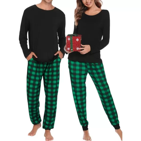 imageSWOMOG Men ampamp Women Pajama Sets for Couples Long Sleeve Sleepwear Plaid Pants Loungewear Set with PocketsZ  Green  Solid Top