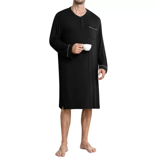 imageSWOMOG Mens Nightshirt Long Sleeve Nightgown Soft Loose Sleepwear Comfy Big ampamp Tall Henley Sleep Shirt for Sleeping SXXLBlack