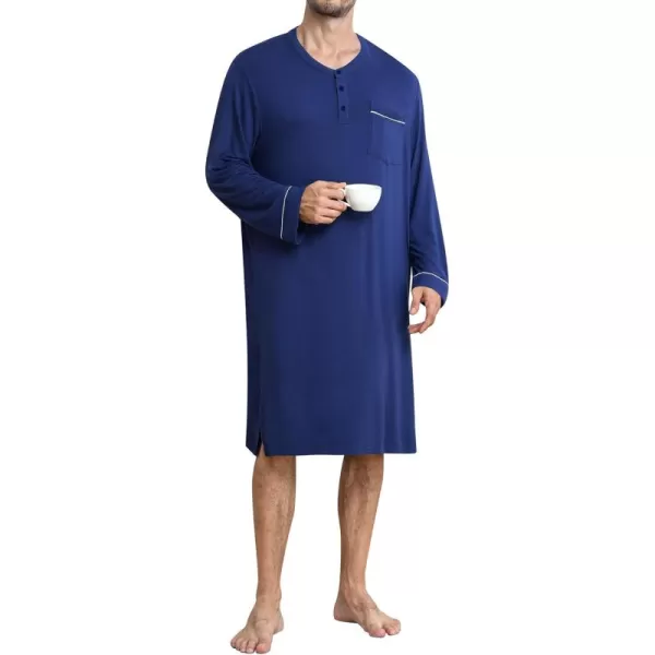 imageSWOMOG Mens Nightshirt Long Sleeve Nightgown Soft Loose Sleepwear Comfy Big ampamp Tall Henley Sleep Shirt for Sleeping SXXLNavy Blue