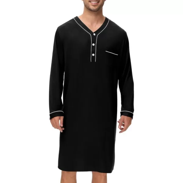 imageSWOMOG Mens Nightshirt Long Sleeve Nightgown Soft Loose Sleepwear Lightweight Nightwear Comfy Henley Sleep Shirt M3XLBlack