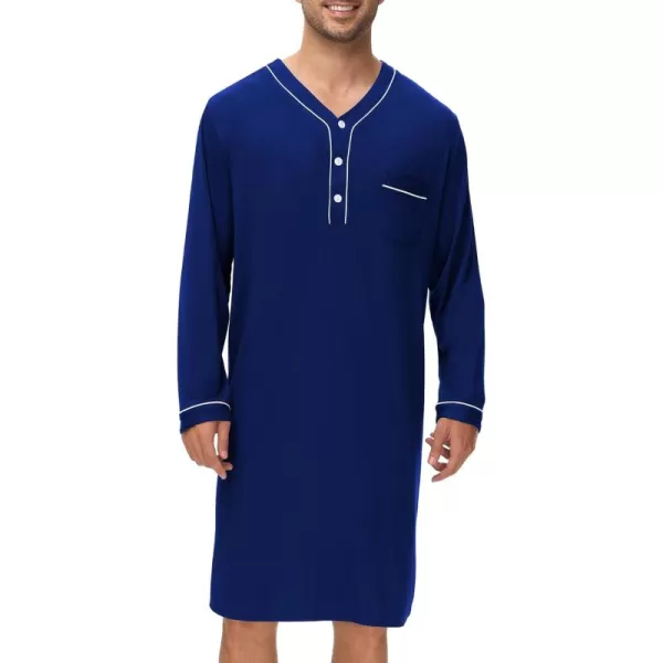 imageSWOMOG Mens Nightshirt Long Sleeve Nightgown Soft Loose Sleepwear Lightweight Nightwear Comfy Henley Sleep Shirt M3XLNavy Blue
