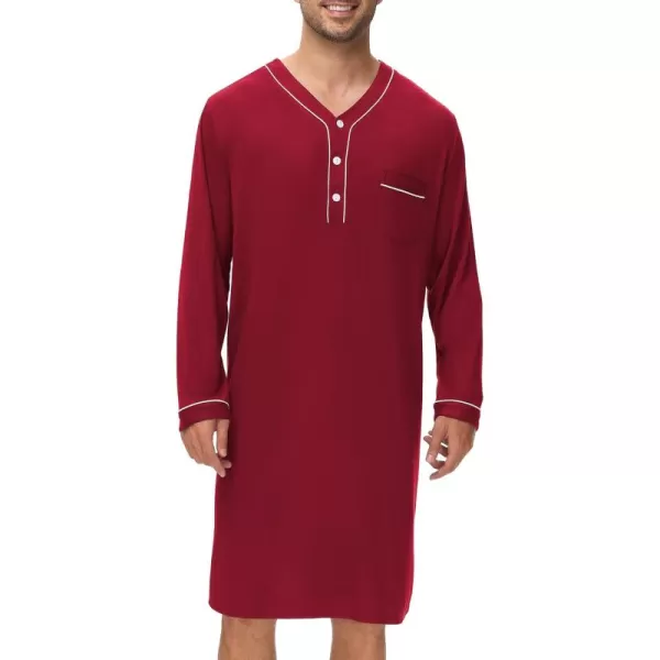 imageSWOMOG Mens Nightshirt Long Sleeve Nightgown Soft Loose Sleepwear Lightweight Nightwear Comfy Henley Sleep Shirt M3XLWine Red