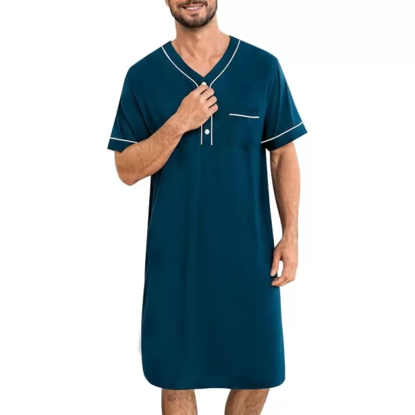 imageSWOMOG Mens Nightshirt Short Sleeve Nightgown Soft Loose Sleepwear Lightweight Nightwear Comfy Henley Sleep Shirt M3XLBlue Green