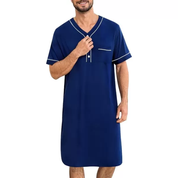 imageSWOMOG Mens Nightshirt Short Sleeve Nightgown Soft Loose Sleepwear Lightweight Nightwear Comfy Henley Sleep Shirt M3XLNavy Blue