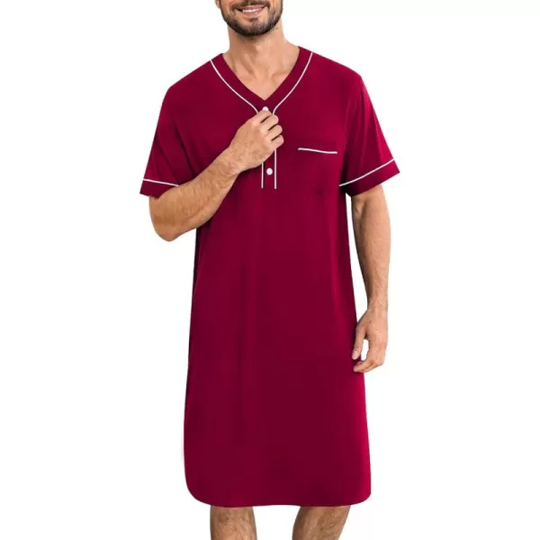 imageSWOMOG Mens Nightshirt Short Sleeve Nightgown Soft Loose Sleepwear Lightweight Nightwear Comfy Henley Sleep Shirt M3XLWine Red