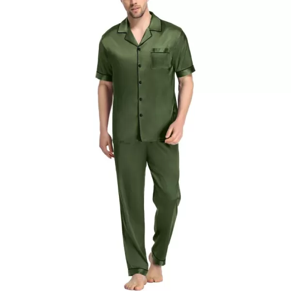 imageSWOMOG Mens Satin Silky Pajama Set Short Sleeve Classic Sleepwear Button Down Loungewear with Long PantsOlive Green