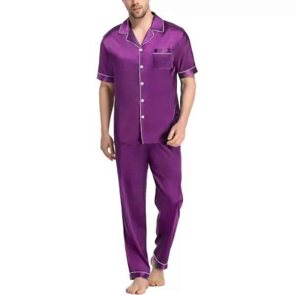 imageSWOMOG Mens Satin Silky Pajama Set Short Sleeve Classic Sleepwear Button Down Loungewear with Long PantsPurple