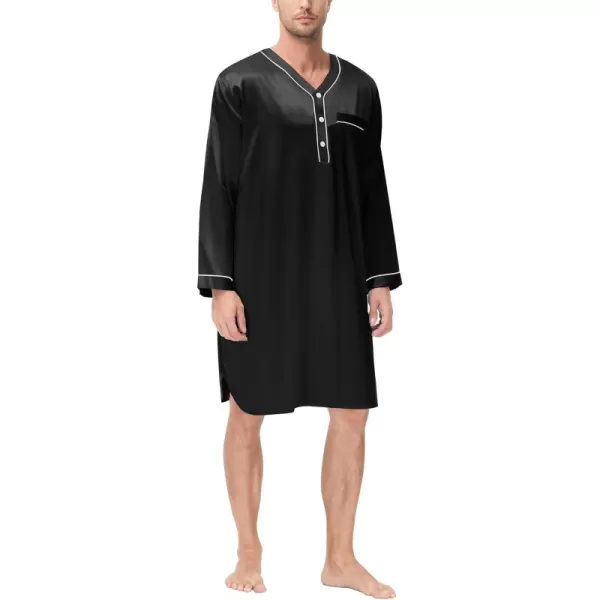 imageSWOMOG Mens Silk Satin Nightshirt Short Sleeve Loose Henley Sleep Shirt Comfy Nightgown Big ampamp Tall Men SleepwearBlack